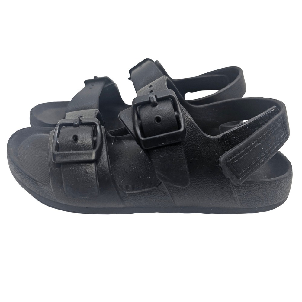 Kids Black EVA Double Strap Sandals Adjustable Buckle Hook Loop Size 11